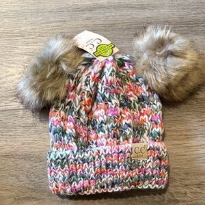 C.C Kids Multicolor Knit Beanie with Faux Fur Pom Poms